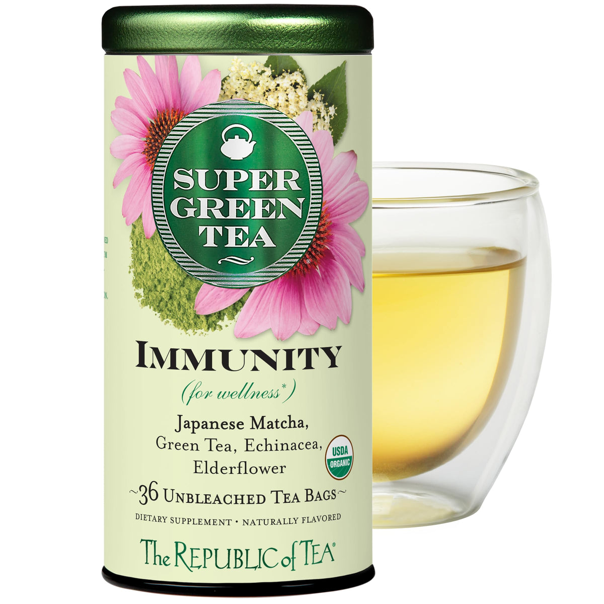 The Republic of Tea packaging close-up highlighting premium matcha and herbs for flavor