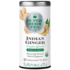 The Republic of Tea Organic Indian Ginger tea tin highlighting natural, caffeine-free warmth for cozy mornings.