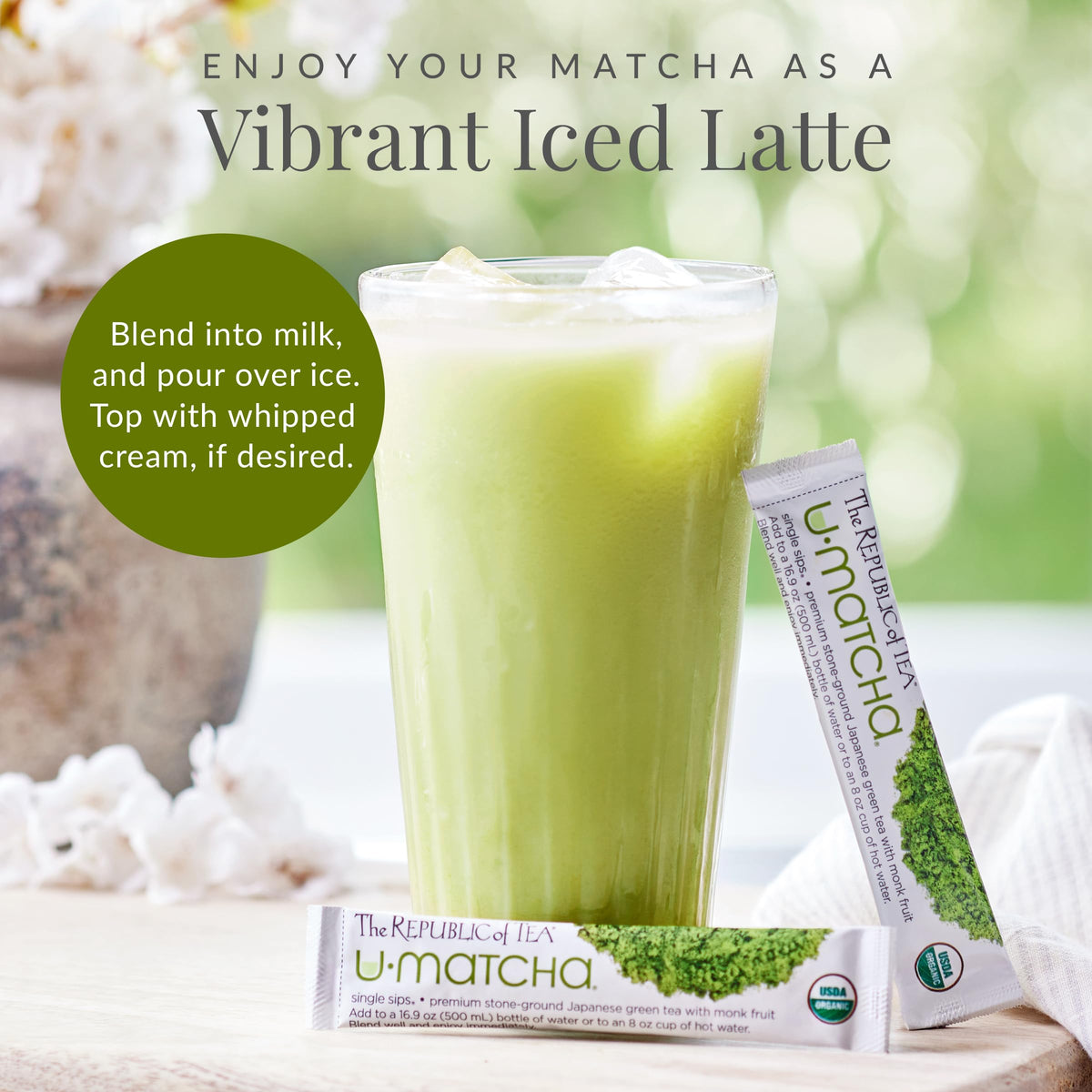 The Republic of Tea Organic matcha powder highlights premium ingredients for ceremonial-quality flavor at home.