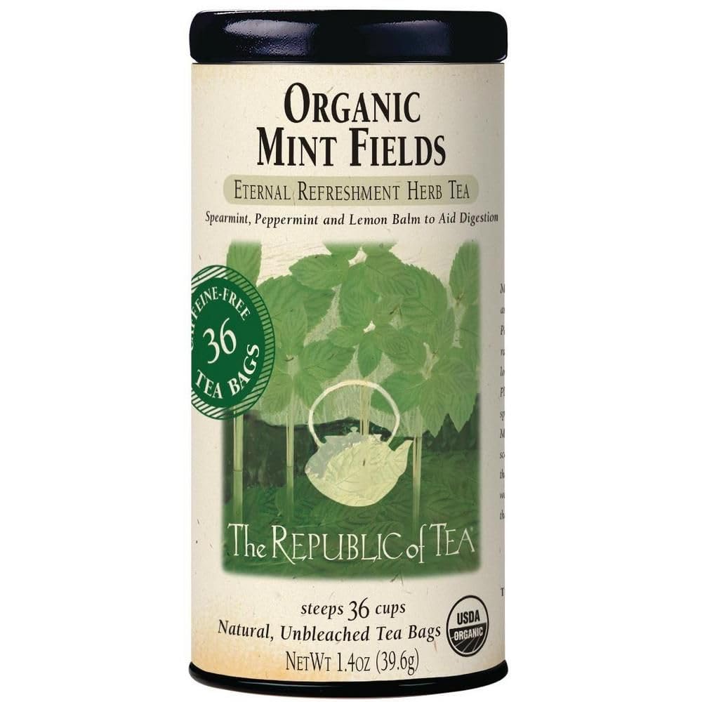 The Republic of Tea Organic Mint Fields Tea Bags pack shot highlighting caffeine-free herbal blend.
