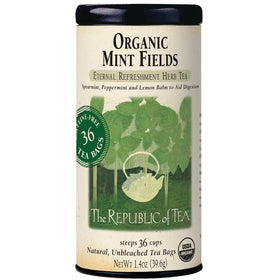 The Republic of Tea Organic Mint Fields Tea Bags pack shot highlighting caffeine-free herbal blend.