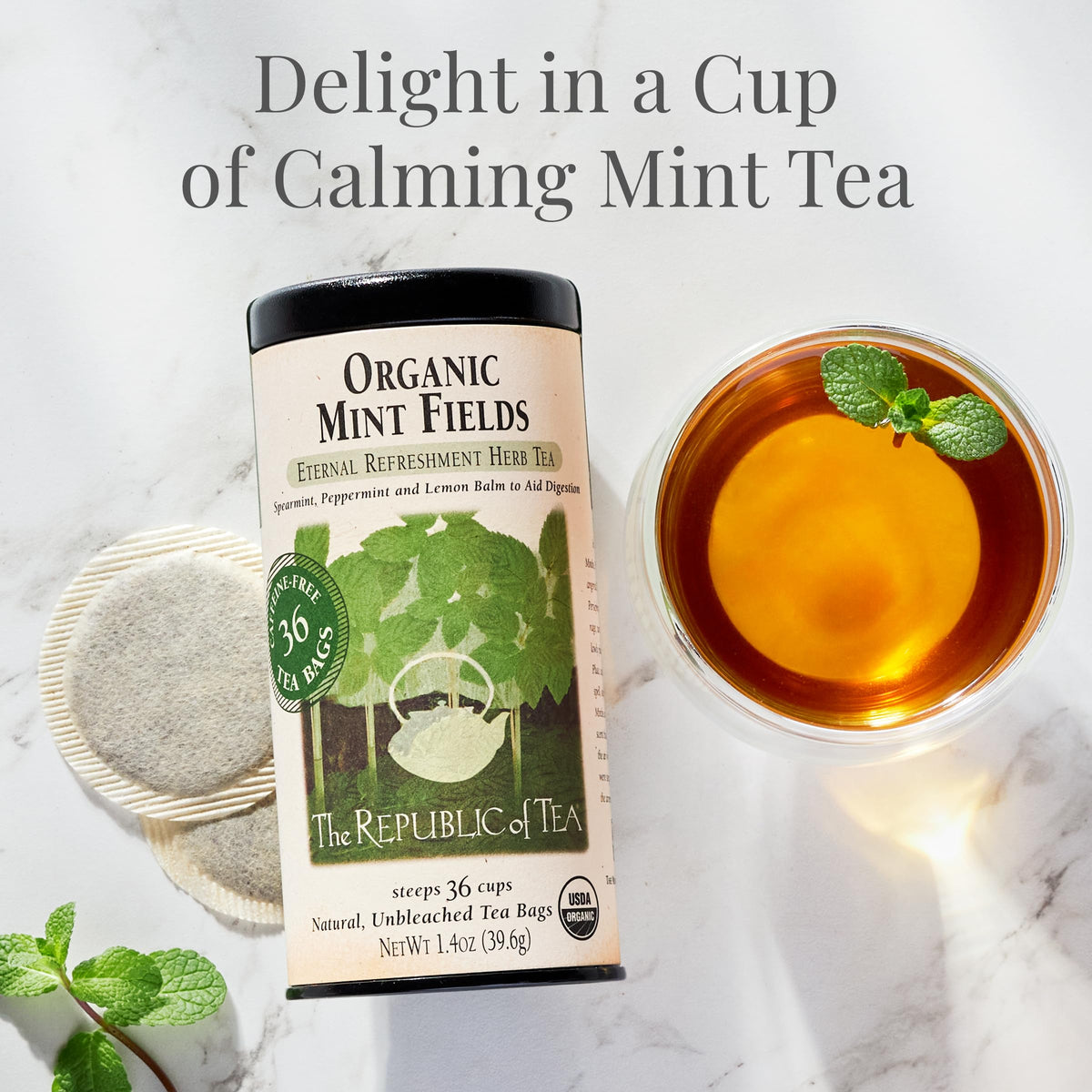 The Republic of Tea Mint Fields tea bags steeping cup, for a refreshing caffeine-free moment.