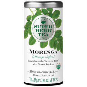 The Republic of Tea Organic Moringa SuperHerb tea tin showcasing premium packaging for everyday wellness