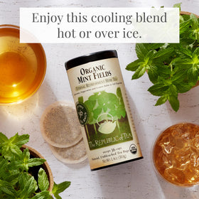 The Republic of Tea Organic Peppermint leaves close-up, showcasing vibrant scent and refreshing finish.