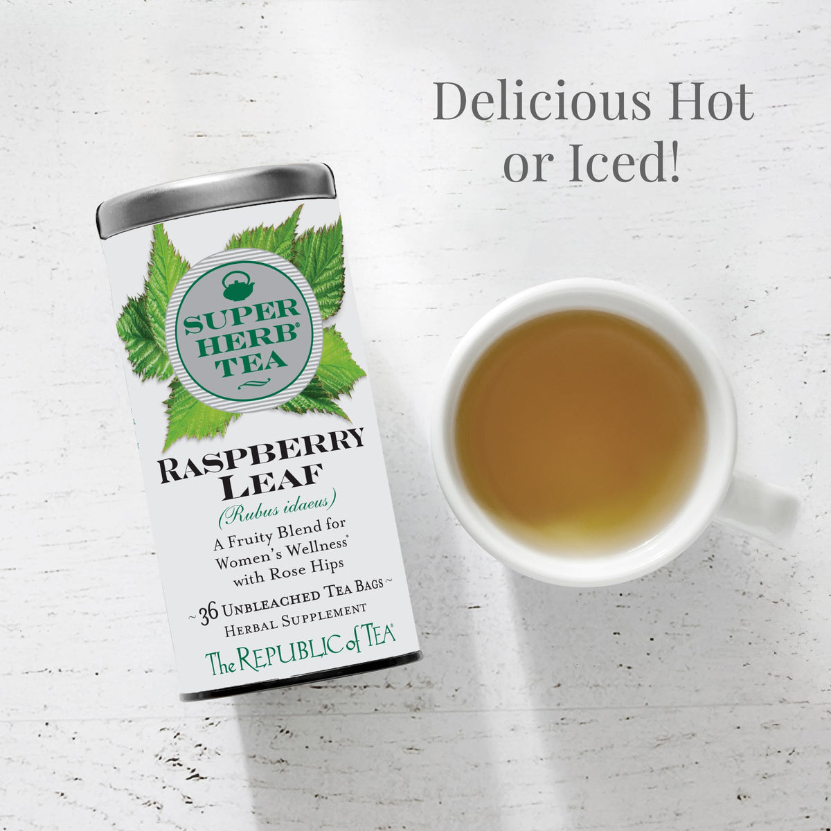 Organic raspberry leaf ingredients showcased for a comforting, sugar-free daily ritual.