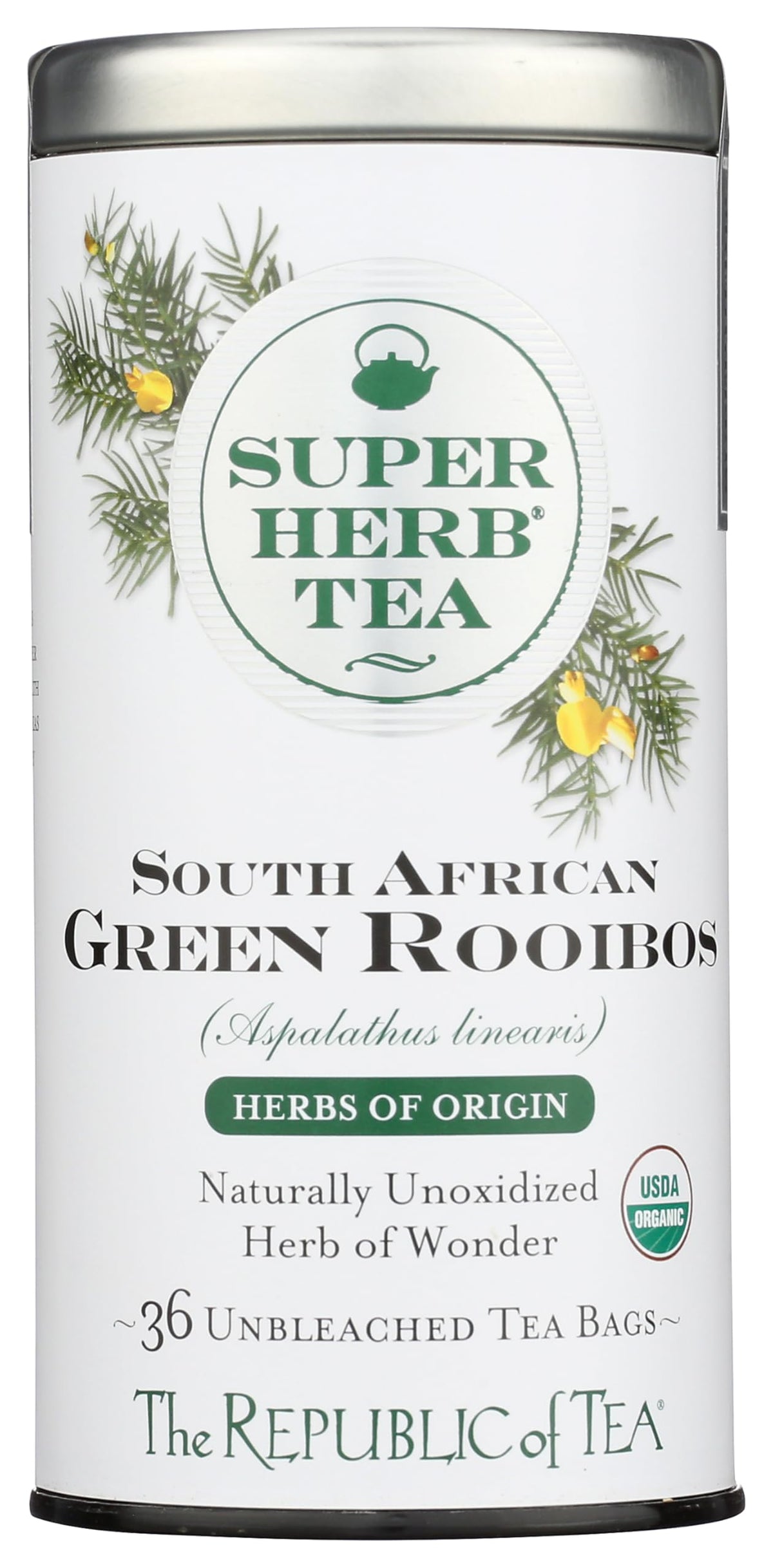 The Republic of Tea Organic Rooibos SuperHerb tea tin for caffeine-free relaxation