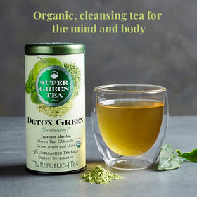 The Republic of Tea SuperGreen Detox being poured into a cup.