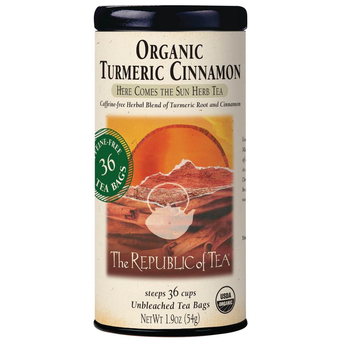 The Republic of Tea Organic Turmeric Cinnamon tea bags for a soothing, naturally caffeine-free cup.