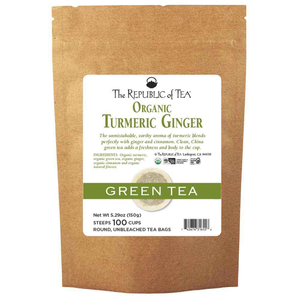 The Republic of Tea organic turmeric-ginger-green tea bags ready to steep.