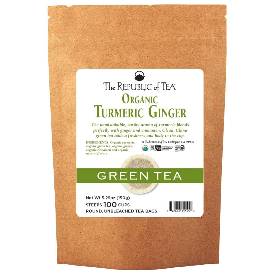 The Republic of Tea organic turmeric-ginger-green tea bags ready to steep.