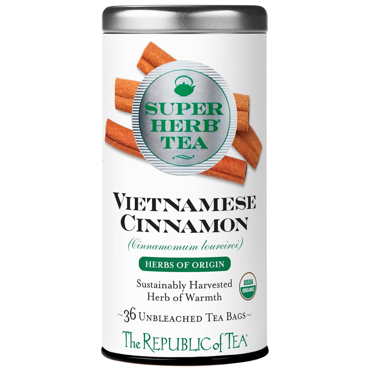 The Republic of Tea Organic Vietnamese Cinnamon SuperHerb tea tin with 36 caffeine-free bags.