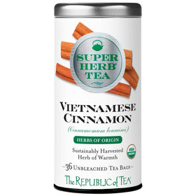 The Republic of Tea Organic Vietnamese Cinnamon SuperHerb tea tin with 36 caffeine-free bags.