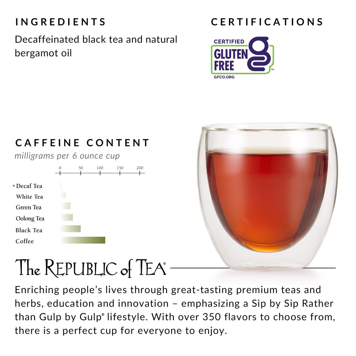 Packaging box notes gluten-free ingredients with natural bergamot flavor.