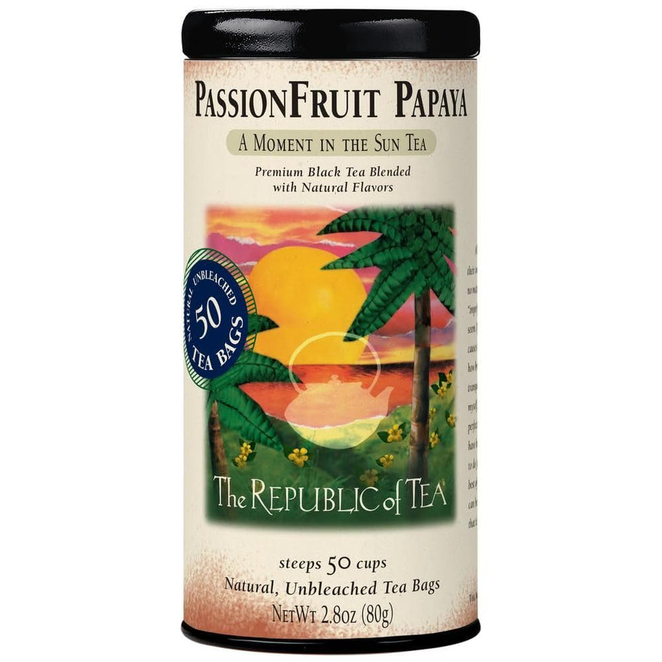 The Republic of Tea PassionFruit Papaya tea bags show tropical flavor for a refreshing cup.