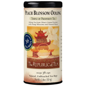 The Republic of Tea Peach Blossom Oolong tea tin, ideal for a soothing afternoon ritual.