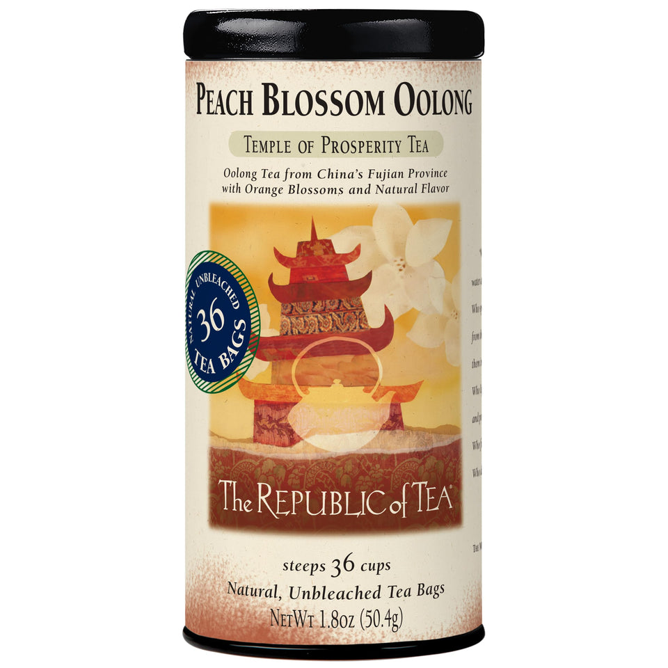 The Republic of Tea Peach Blossom Oolong tea tin, ideal for a soothing afternoon ritual.