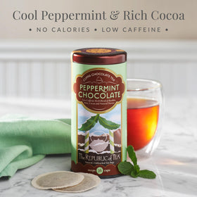 The Republic of Tea Peppermint Cuppa Chocolate brewed cup releasing peppermint and chocolate aromas.