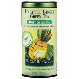 The Republic of Tea Pineapple Ginger Daily Green Tea tin cover, premium packaging for daily indulgence