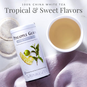 The Republic of Tea Pineapple Guava White Tea cup steeped to release fragrant notes.
