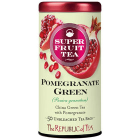 The Republic of Tea Pomegranate Green SuperFruit tea bags ready to brew for antioxidant-rich refreshment.