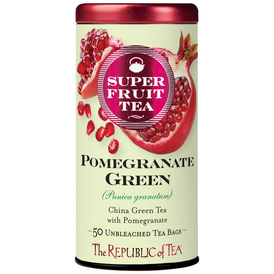 The Republic of Tea Pomegranate Green SuperFruit tea bags ready to brew for antioxidant-rich refreshment.