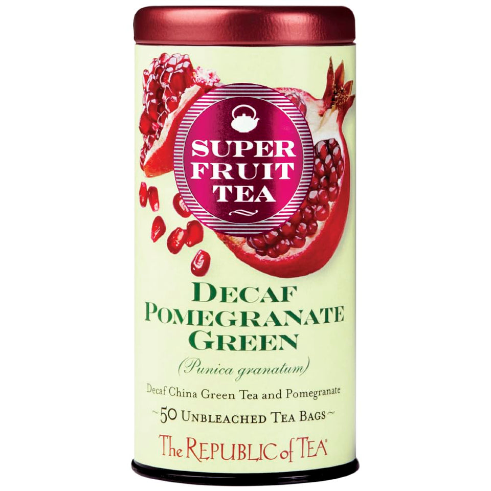 The Republic of Tea pomegranate green tea decaf tea bag closeup for a light, fruity sip.