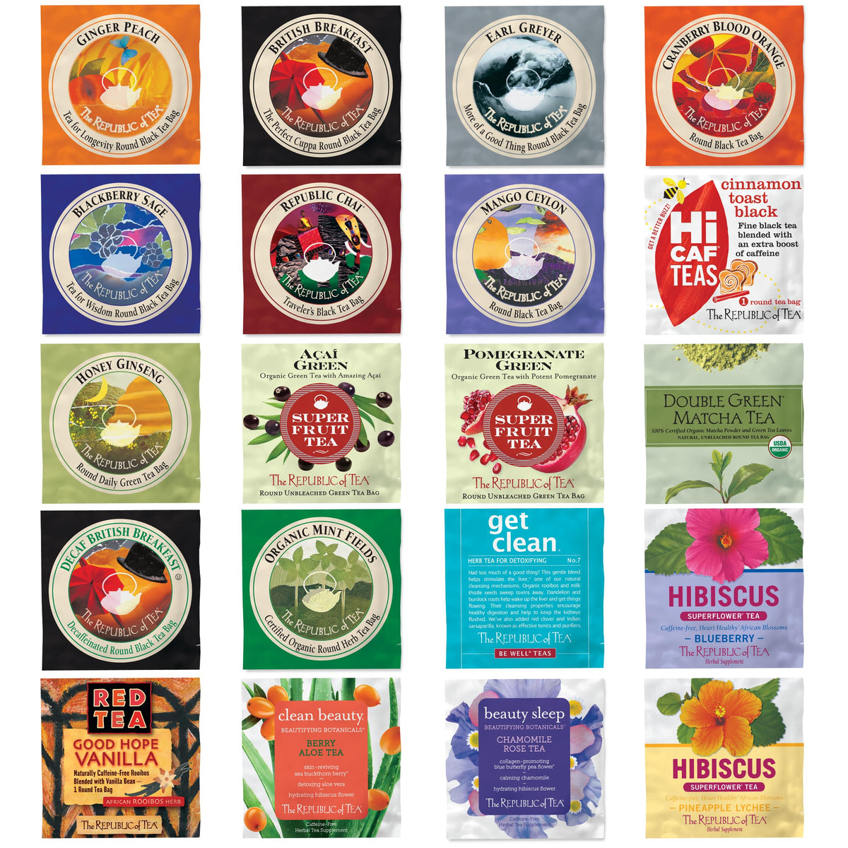 The Republic of Tea premium assortment tea bags arranged in a box, ideal for discovering a variety of flavors