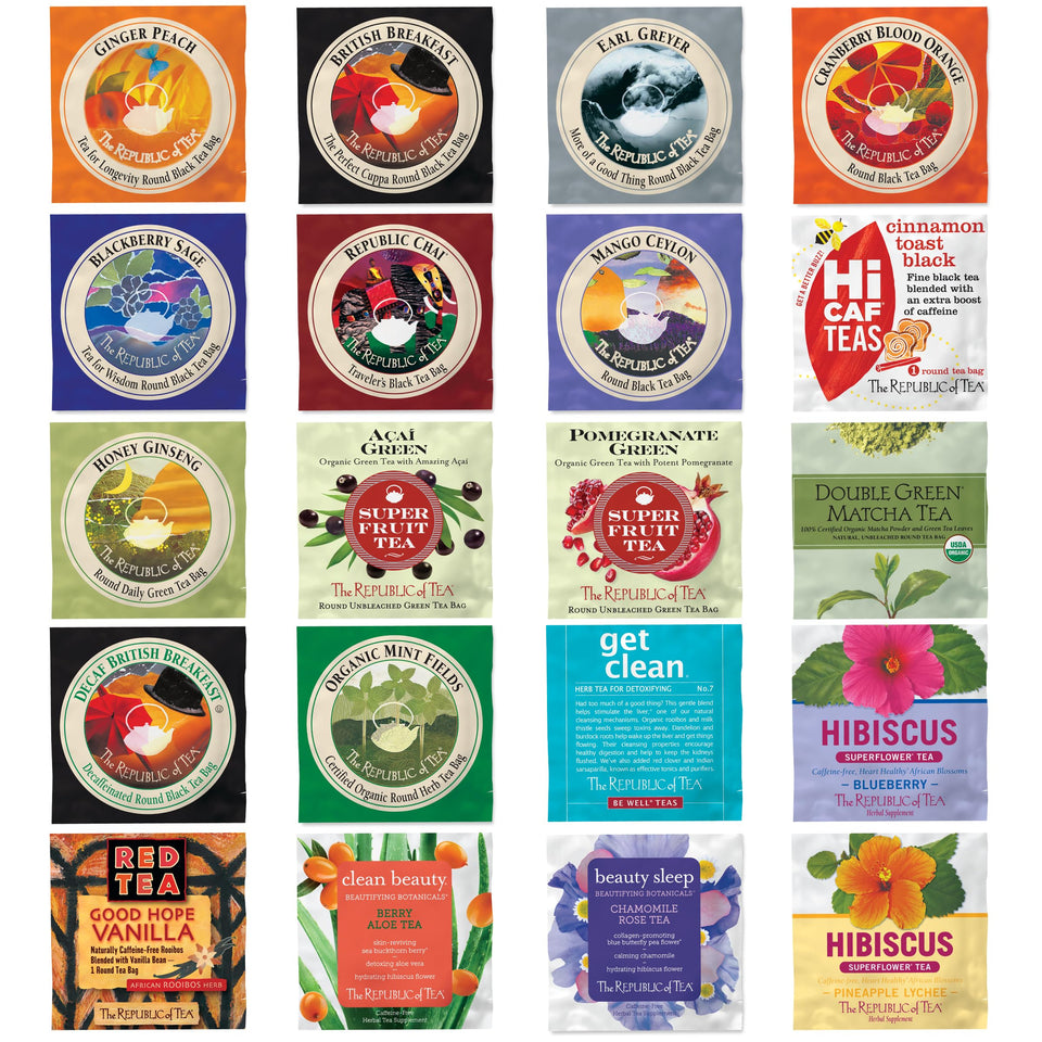 The Republic of Tea premium assortment tea bags arranged in a box, ideal for discovering a variety of flavors