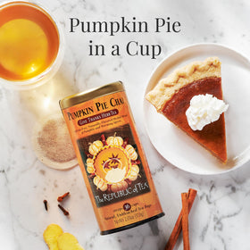 Ingredients label of The Republic of Tea Pumpkin Pie Chai, highlighting organic spices.