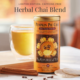 Closeup of Pumpkin Pie Chai tea bag from The Republic of Tea, convenient for rituals.