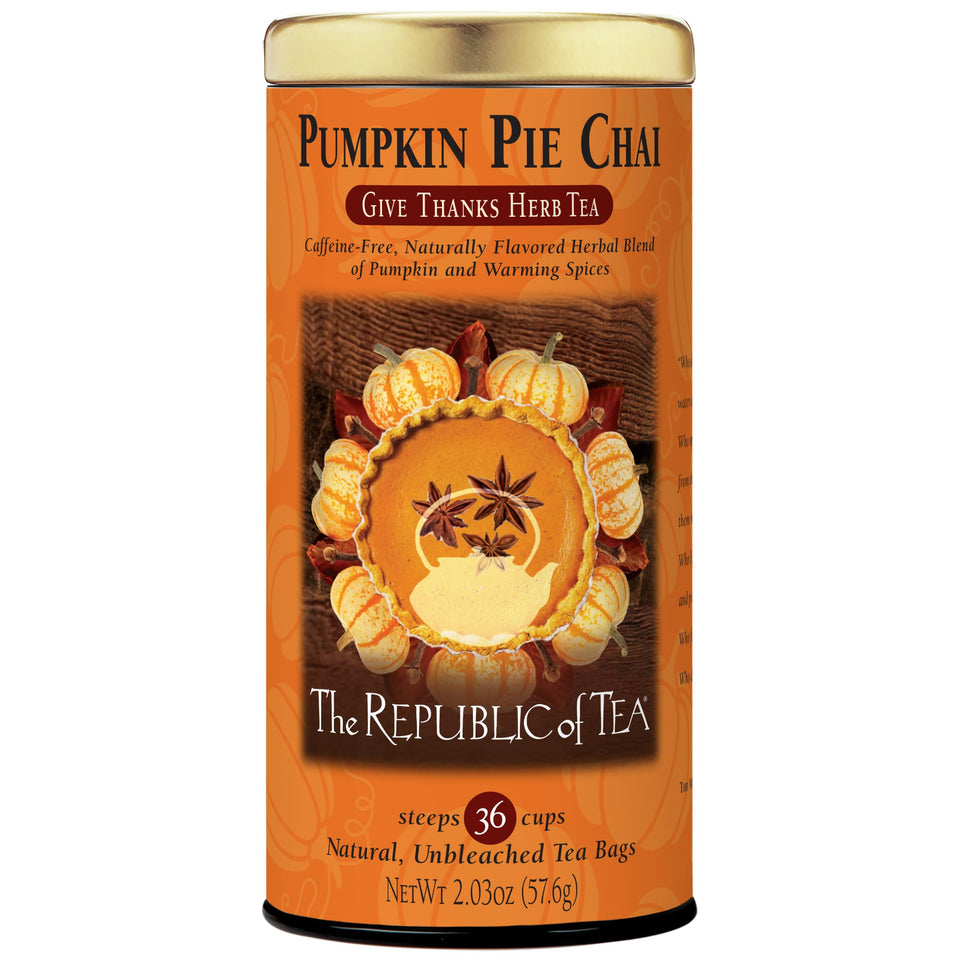 The Republic of Tea Pumpkin Pie Chai tea tin, ideal for cozy autumn afternoons.