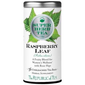 The Republic of Tea Raspberry Leaf SuperHerb Tea Tin with 36 bags, caffeine-free enjoyment.