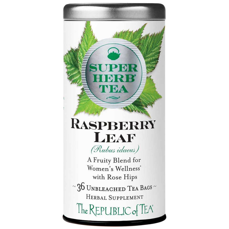 The Republic of Tea Raspberry Leaf SuperHerb Tea Tin with 36 bags, caffeine-free enjoyment.