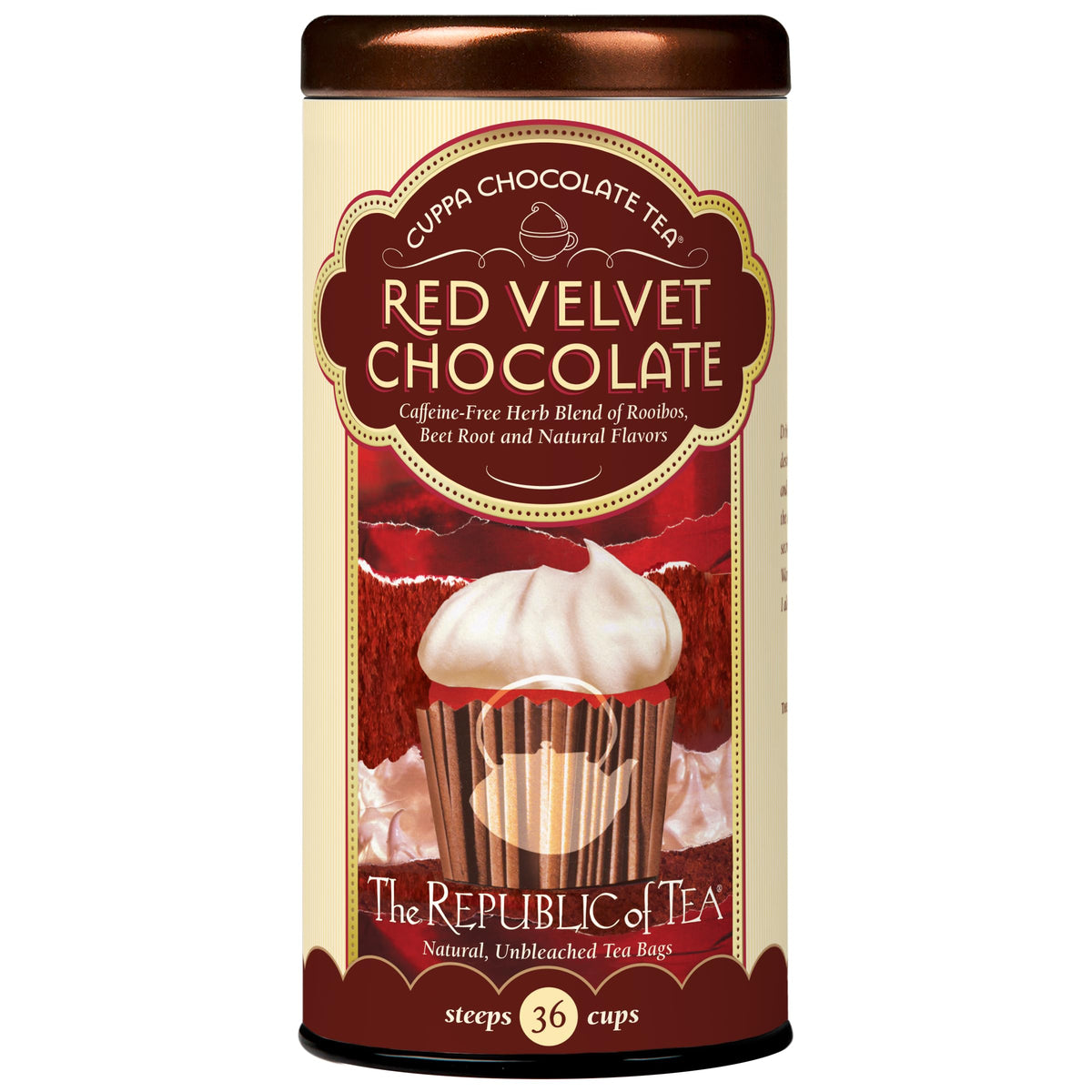 The Republic of Tea Red Velvet Cuppa Chocolate tea bags offer caffeine-free indulgence.