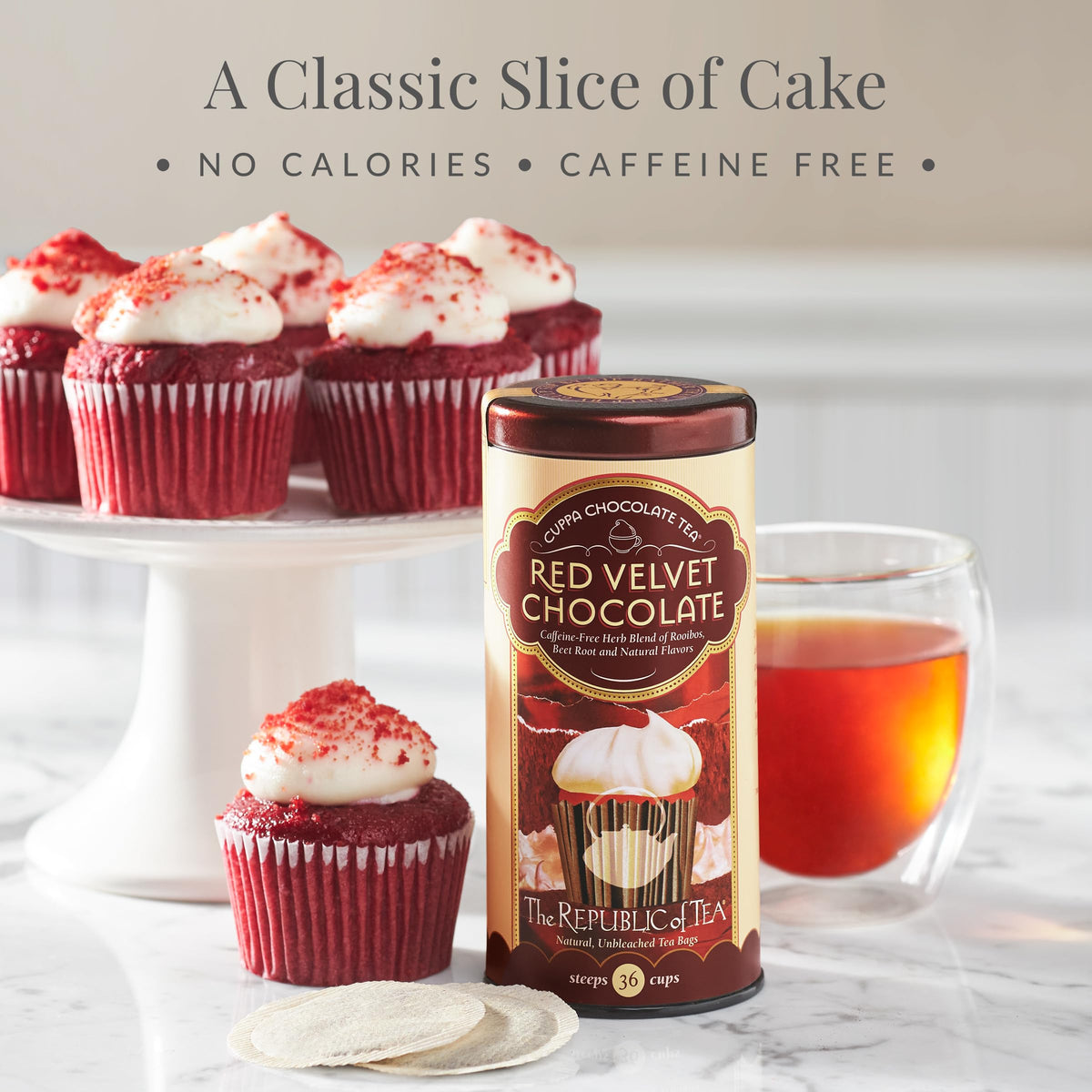 The Republic of Tea Red Velvet Cuppa Chocolate tea cup steeping reveals rich dessert-like notes.