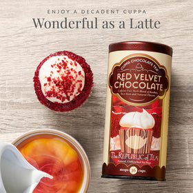 The Republic of Tea Red Velvet Cuppa Chocolate tea cup with milk enhances creamy flavor.