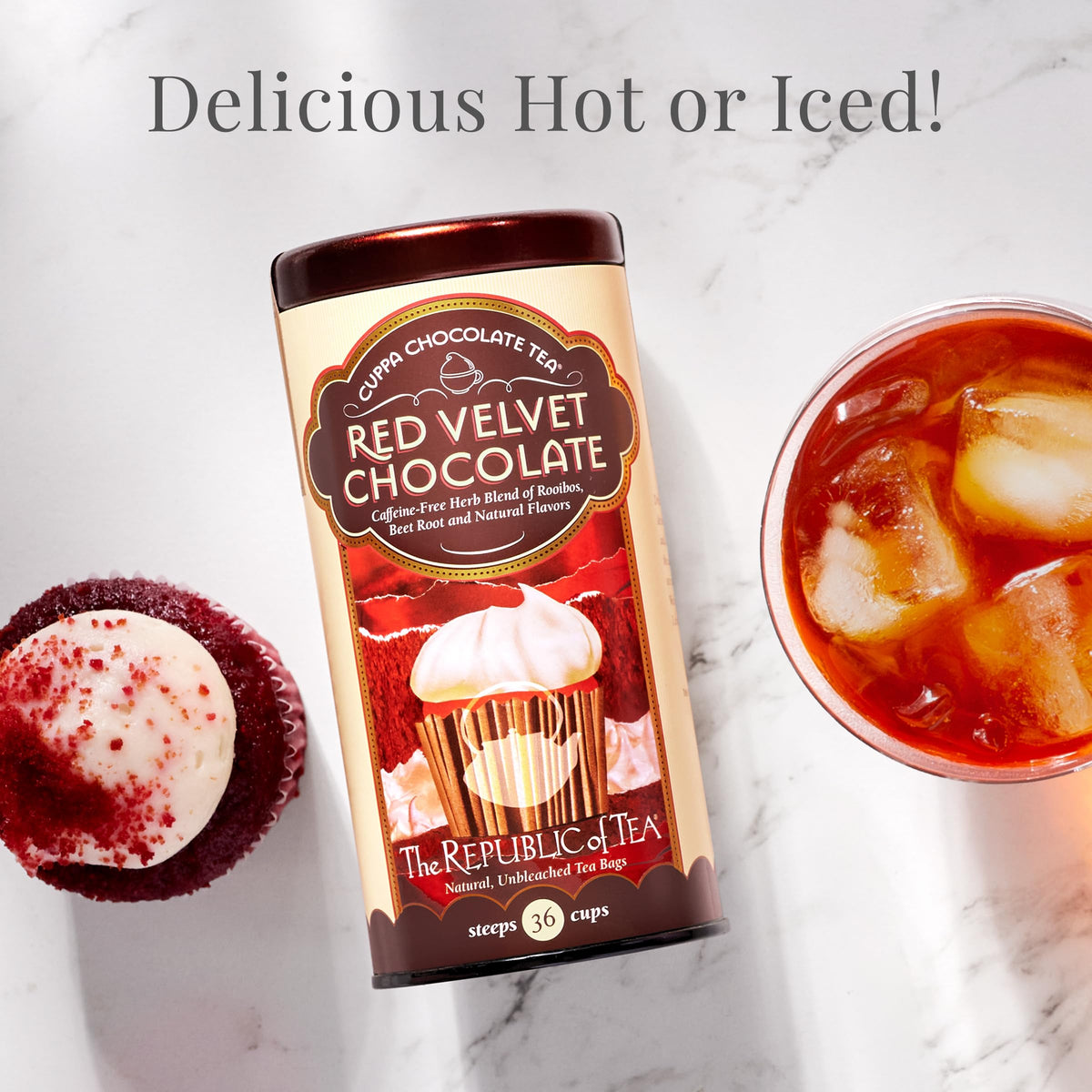 The Republic of Tea Red Velvet Cuppa Chocolate packaging label suggests gift-ready presentation.
