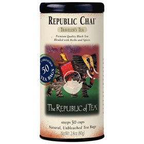 The Republic of Tea Republic Chai black tea bag close-up for a bold morning cup.