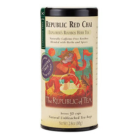 The Republic of Tea Republic Red Chai Rooibos brew showing orange and spice notes ready to sip.