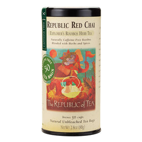 The Republic of Tea Republic Red Chai Rooibos tea tin with warm spice aroma for cozy evenings.