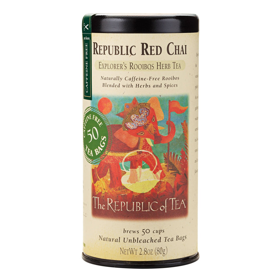 The Republic of Tea Republic Red Chai Rooibos tea tin with warm spice aroma for cozy evenings.