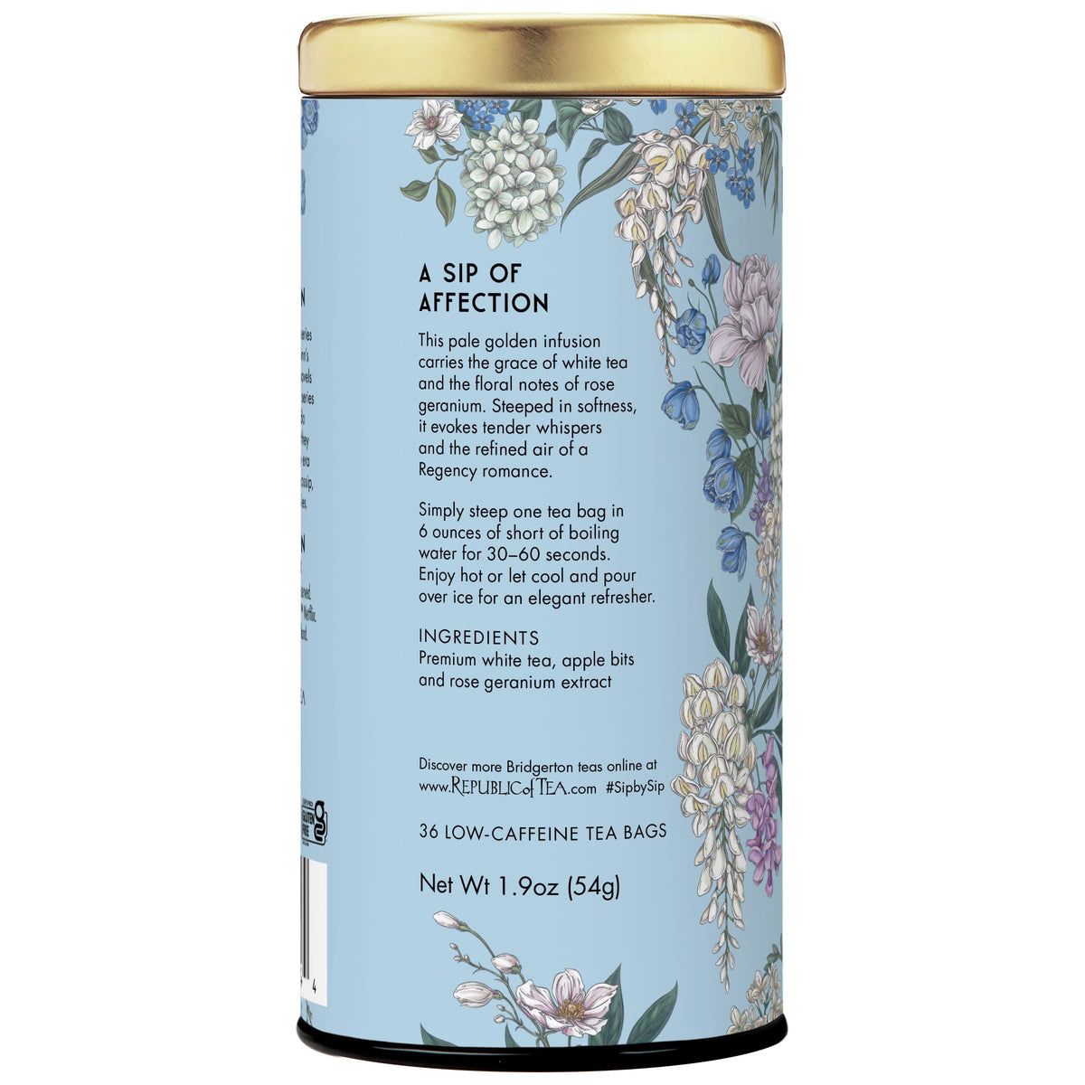 The Republic of Tea Rose Geranium White Tea ingredients showcase delicate leaves and apple bits.