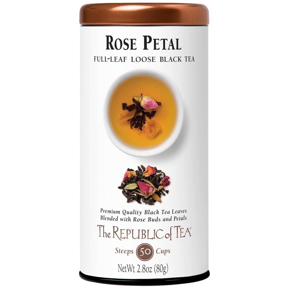 The Republic of Tea Rose Petal full-leaf tea closeup with floral aroma