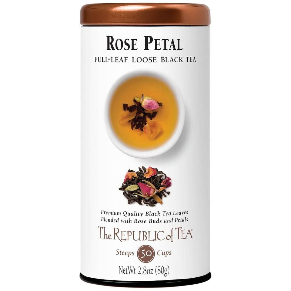 The Republic of Tea Rose Petal full-leaf tea closeup with floral aroma