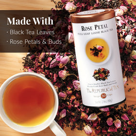 The Republic of Tea Rose Petal tea tin front view for premium packaging