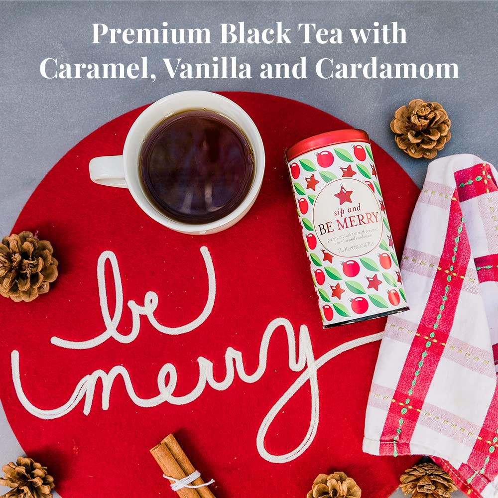 The Republic of Tea sip and be merry cup, cozy holiday moment.