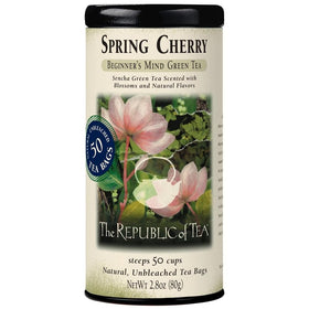 The Republic of Tea Spring Cherry Green Tea bags ready for a light afternoon pick-me-up