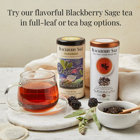 Steaming cup of The Republic of Tea Blackberry Sage infusion.