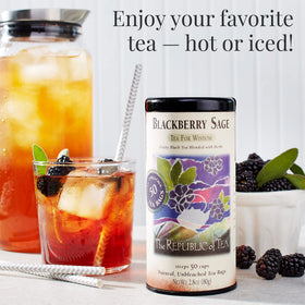 Steeped Blackberry Sage tea in a cup ready to sip.