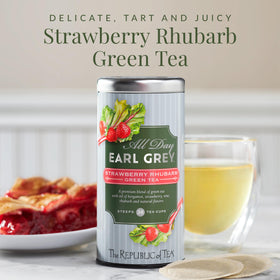 The Republic of Tea green tea cup steeping with strawberry rhubarb aroma